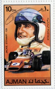 VAE-Briefmarke, die den schottischen Rennfahrer Jackie Stewart (geb. 1939) darstellt von School Arabic