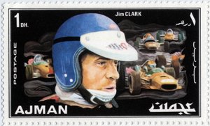 Briefmarke der Arabischen Emirate, die den schottischen Rennfahrer Jim Clark darstellt (1936-1968) von School Arabic