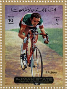 Briefmarke der VAE, die den Radfahrer Ercole Baldini darstellt (geb. 1933). von School Arabic