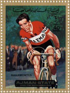 Briefmarke der VAE, die den Radfahrer Federico Bahamontes darstellt (geb. 1928). von School Arabic