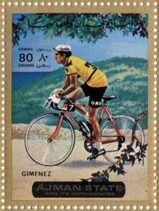 VAE-Briefmarke, die den Radfahrer Julio Jimenez (geb. 1934) darstellt