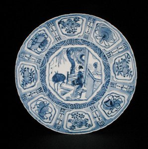 Blau-weiße Kraak-Schale mit einer Dame und einem Hirsch, Wanli