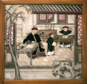 Dekorative Marmorplatte, die Buchstaben in ihrem Kabinett darstellt. Bemalter Marmor, Qing-Dynastie (1644-1911), chinesische Kunst. Musée d