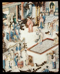 Detail eines Panels, das einen Würdenträger zeigt, der eine Tänzerin beobachtet, Qianlong-Periode von School Chinese
