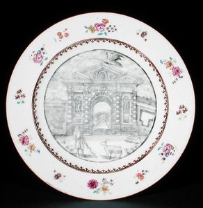 Teller dekoriert in Grisaille mit Famille-Rose-Emaille, darstellend Jacob Bobart (1599-1680) mit einer Ziege und einem Hund, Qianlong-Periode (1736-95)