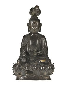 Figur von Guanyin, der chinesischen Göttin der Barmherzigkeit, sitzend auf einem Lotusdesign-Sockel mit einem Raben auf ihrem Kopf und einem Kaninchen in ihrer linken Hand von School Chinese