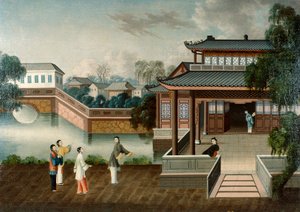 Figuren nähern sich einem Herrenhaus am Fluss, ca. 1800