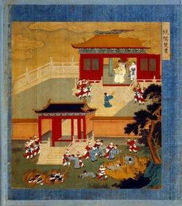 Huang Ti (Huang-Ti auch Qin Shi Huangdi), Gründer der Qin-Dynastie (-260 bis -210) verbrannte alle chinesischen Bücher (Autodafé) und warf gebildete Menschen in eine Grube. Chi-Hoang ist der Erbauer der großen Mauer, die China von Tartaria trennt. Miniatur von School Chinese