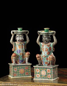 Paar Export-Famille-Verte-Kerzenhalter, Kangxi von School Chinese