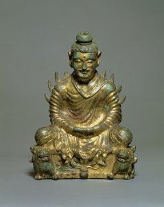 Sitzender Buddha mit flammenden Schultern, chinesische Sechs Dynastien Periode, Nördliche Wei-Dynastie, 3.-5. Jahrhundert von School Chinese