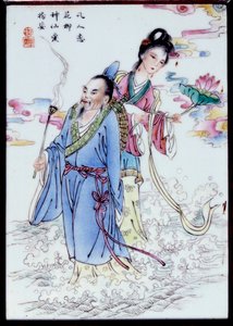 Sommer Allegorie: Eine Frau mit einer Lilie und ein Mann mit einem Weihrauchring gehen durch den Sprühregen. von School Chinese