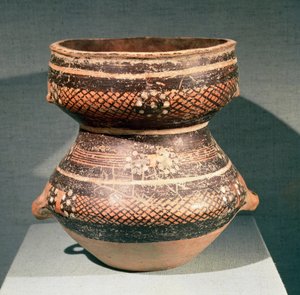 Vase mit eingeschnürter Taille, aus Lanzhou, Gansu, spätes 3. Jahrtausend v. Chr.