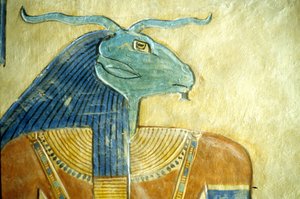 Altes Ägypten, Schnitzerei/Malerei, Widderköpfiger Gott der Unterwelt, Amon hir Khopshet Grab, Theben, 20. Dynastie von School Egyptian
