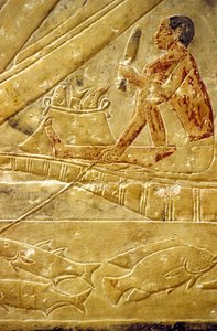 Altes Ägypten, Mastaba/Grab von Idout, Saqqara, Fischer sitzen auf Booten, schuppen Fische von School Egyptian