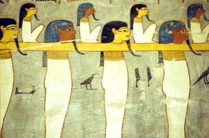 Altes Ägypten, Malerei, Götter der Unterwelt an Hathor, göttliche Kuh, gebunden, ziehen die Sonnenbarke, Grab des Ramses I., Theben