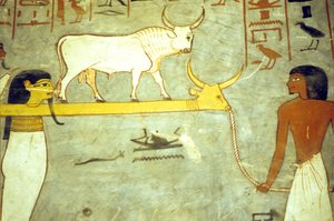 Altes Ägypten, Malerei, Grab von Ramses I., Götter der Unterwelt an Hathor gebunden, ziehen die Sonnenbarke