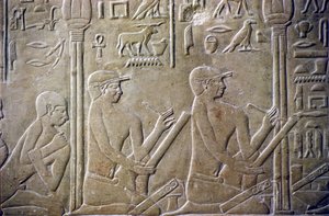 Altes Ägypten, Relief, Grab von Mereruka, Mastaba von Mereruka, 6. Dynastie, Saqqara, Dorfbewohner müssen ihre fehlerhaften Steuererklärungen den Beamten eingestehen