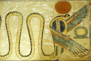 Altes Ägypten, Wandmalerei, Grab von Amon hir Khopshef, Uraeus und geflügelte Schlangen bewachen den Eingang zur Grabkammer, 20. Dynastie, Tal der Königinnen