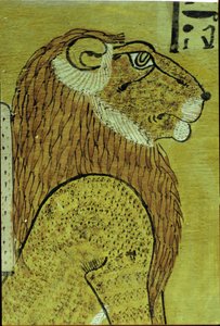 Altes Ägypten, Wandmalerei, Grab von Inherkhau, Theben, Einer der beiden Löwen, Wächter von heute und morgen, 20. Dynastie