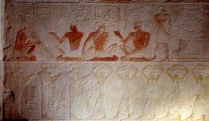 Kalksteinrelief, das Musiker aus der Kapelle von Mastaba in Akhethetep darstellt, um 2300 v. Chr. 5. Dynastie. Altes Reich. Aus Saqqara. Paris, Louvre Museum von School Egyptian