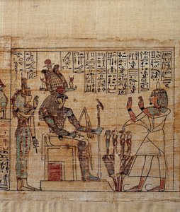 Altägyptische Kunst: Mythologischer Papyrus von Serimen. Serimen im Gebet vor dem Gott Ptah-Sokar-Osiris, gefolgt von Isis. Manuskript der 21. Dynastie (ca. 1069-945 v. Chr.), Dritte Zwischenzeit (ca. 1069-664 v. Chr.)