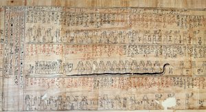 Ägyptische Antike: Papyrus aus dem Buch der geheimen Häuser. Dieses Buch ist eine kommentierte Darstellung der unterirdischen Reise der Sonne während der zwölf Stunden der Nacht. Zuerst an den Wänden der königlichen Gräber gezeichnet, wurde es dann auf Pap von School Egyptian