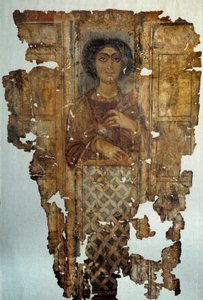 Ägyptische Antiquität: bemaltes und vergoldetes Leinentuch einer Frau aus Antino. 4. Jahrhundert n. Chr. Paris, Louvre Museum von School Egyptian