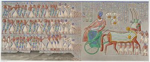 Theben, Medynet-Abu: farbiges Basrelief, geschnitzt in der Südgalerie des Peristyls des Palastes - in „Ägyptische Antiquitäten“, T.II von School Egyptian