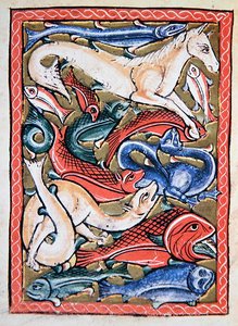 Fische und Meerestiere, Faksimile einer Miniatur aus einem Manuskript des 12. Jahrhunderts