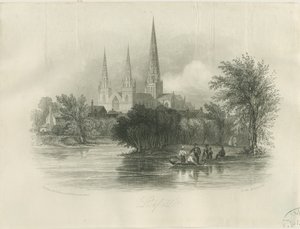 Lichfield Cathedral - Südwestansicht: Gravur (vignettierte), nd [ca. 1842] (Druck)
