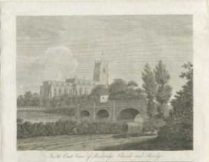Penkridge Stadt - Kirche und Brücke: Gravur von School English