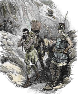 Römischer Legionär überwacht angelsächsische Arbeiter in einer Zinnmine, England 50 n. Chr.