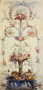 Ein Trompetenstrauß aus Blumen und Früchten, dekoriert mit Blumenkränzen von School French