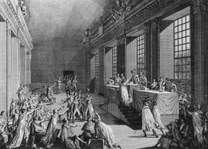 Tage des 18. und 19. Nebels An VIII (9. und 10. November 1799): Bonapartes Staatsstreich in der Kammer des Rates der Fünfhundert, der das Direktorium stürzte, die Macht übernahm und zum Ersten Konsul ernannt wurde. Paris, Bibliothek des Instituts