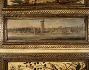 Einzug von Henri IV in Paris: Charles de Cossé Brissac (Cosse-Brissac) öffnete Henri IV (1553 - 1610) die Tür der Konferenz (1594) - die mittlere Landschaft eines der großen Paneele im Raum - Salon de la Meilleraye. Arsenal. Gemälde von Quilleriez