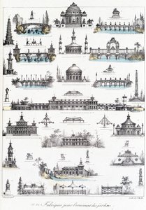 Fassade verschiedener Gebäude zur Herstellung von Gartenornamenten von School French