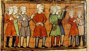 Falscher Zeuge mit durchbohrter Zunge verurteilt, durch die Straßen der Stadt zu wandern, begleitet von Miniaturtrompetenspielern aus dem Manuskript von Citeaux. Angers, Stadtbibliothek