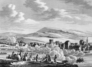 Krieg der Französischen Revolution und antirevolutionäre Bewegungen: Französische Truppen überqueren den Rhein nach Düsseldorf, Deutschland, am 20. Fructidor Jahr III (6. September) von School French