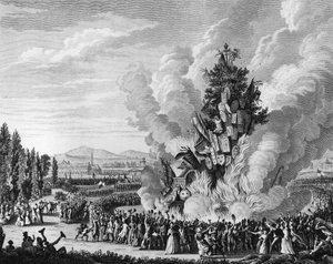 Französische Revolution: Gedenken an die Eroberung der Bastille am 14. Juli 1792 mit einem großen Scheiterhaufen, der die Symbole der Monarchie aus dem Tuilerienpalast verbrennt. Paris, Bibliothek des Instituts für Revolutionsgeschichte von School French