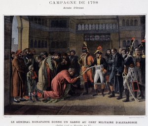 General Bonaparte übergibt dem Militärführer von Alexandria ein Schwert - in „Victoires et Conquêtes des Armées Françaises“, Paris, n.d. von School French