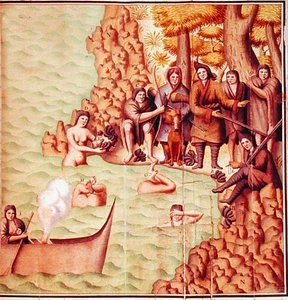 Indianer aus der Magellanstraße mit französischen Entdeckern, Illustration aus dem 