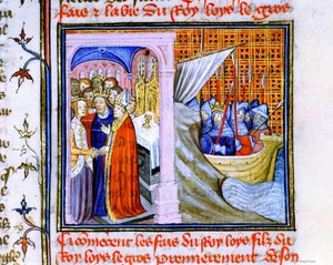 Heirat von Eleonore von Aquitanien und Ludwig VII. von Frankreich (1137) links, und Einschiffung zum Zweiten Kreuzzug 1147-1149, aus 