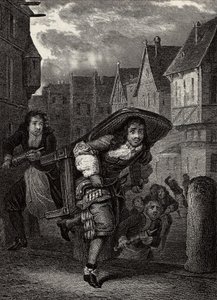 „Monsieur de Pourceaugnac“ - Gravur aus „Werke“ des englischen Autors Molière - Szene aus dem Theaterstück „Monsieur de Pourceaugnac“ von Jean-Baptiste Poquelin genannt Molière von School French