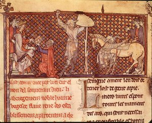 Ms 332 fol.1 Jean de Meung (1240-1305) bietet dem Grafen von Eu sein Buch an und die Abreise eines Ritters, aus 