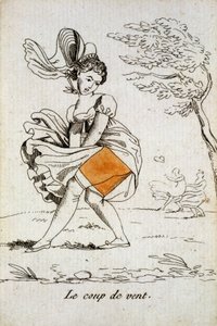 Alte Spielkarte: Ass der Karo - „Der Windstoß“ hebt den Rock einer Frau. Musée de la Carte à Jouer, Issy-les-Moulineaux von School French