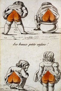 Alte Spielkarte: die vier Herzen - „Schöne kleine Kinder“, die ihre herzförmigen Gesäße zeigen. Musée de la Carte à Joueur, Issy-les-Moulineaux von School French