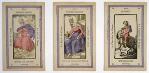 Alte Spielkarten mit dem König (blonder Mann), der Königin (blonde Frau) und dem Reiter (Ende) Tasse. Musée de la Carte à Jouier, Issy-les-Moulineaux