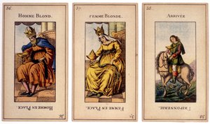 Alte Spielkarten, die den König „blonder Mann“, die Königin „blonde Frau“ und die Ankunft „friponnerie“ darstellen. Musée de la Carte à Joulier, Issy-les-Moulineaux von School French