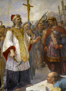 St. Corentin legt den ersten Stein der Kathedrale von Quimper an der Odet in Anwesenheit von König Gralon Meur, 435 - Gemälde der Kirche von Morlaix von School French