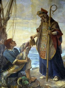St. Pol de Leon erhält durch einen Fisch auf der Insel Batz die Glocke, die ihm König Mark in Ouessant verweigert hatte, um 530 - Gemälde der Kirche von Morlaix von School French